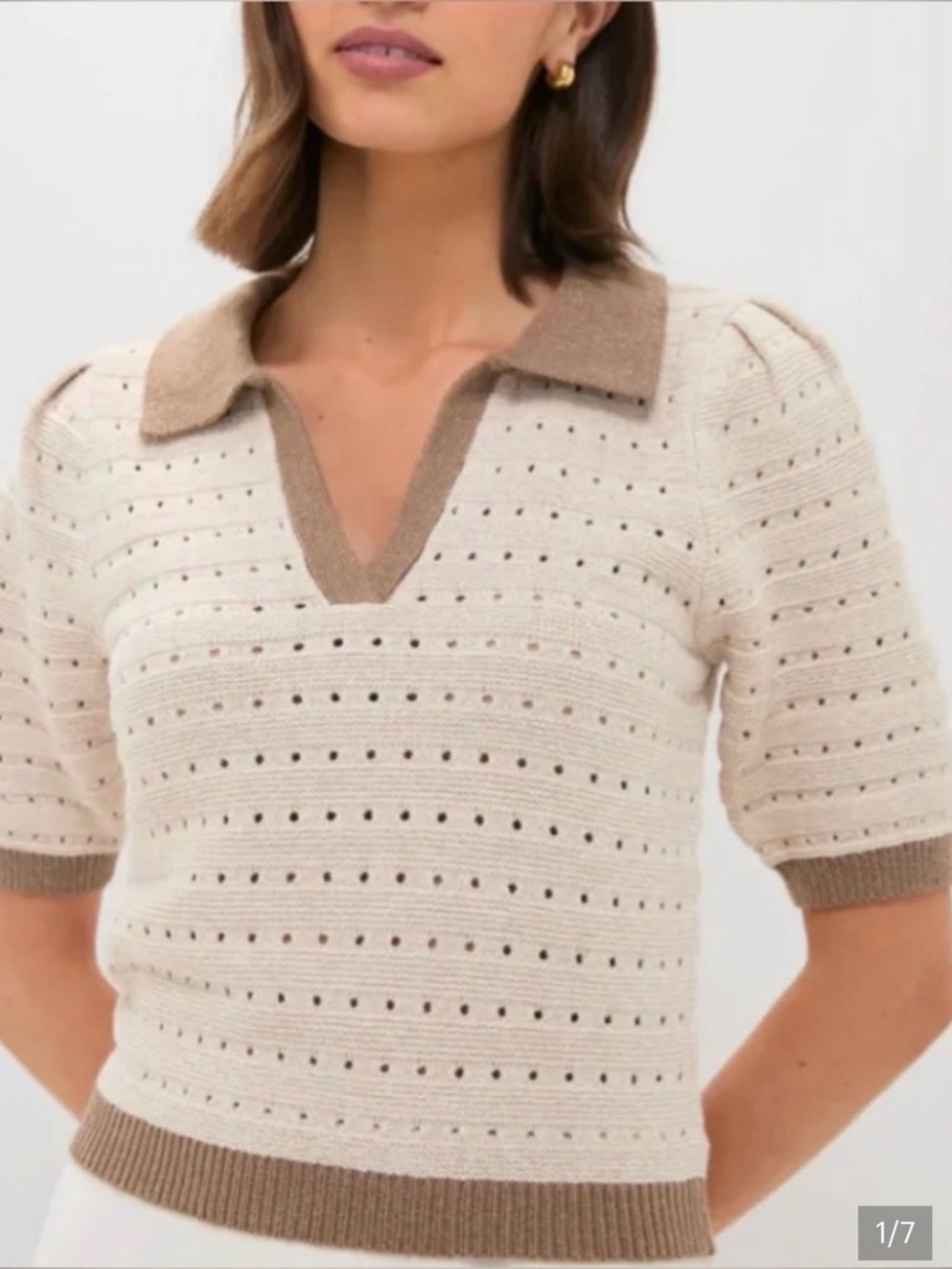 Tuckernuck Cream Knit V‑Neck Polo with Tan Trim- small (nwt)